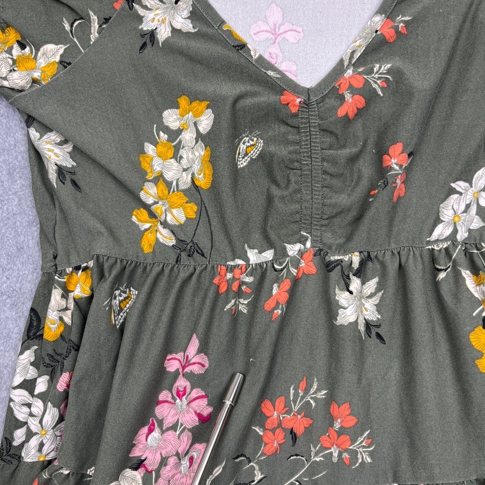 No Boundaries Mini Tiered Dress Womens Large Green Floral Short Sleeve - Picture 3 of 6
